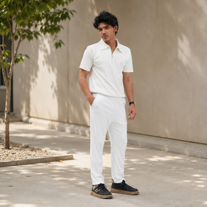 Zipper Polo White T-Shirt  & White Pant COMBO SET Premium