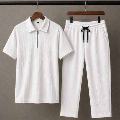Zipper Polo White T-Shirt  & White Pant COMBO SET Premium