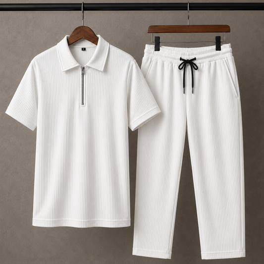 Zipper Polo White T-Shirt  & White Pant COMBO SET Premium