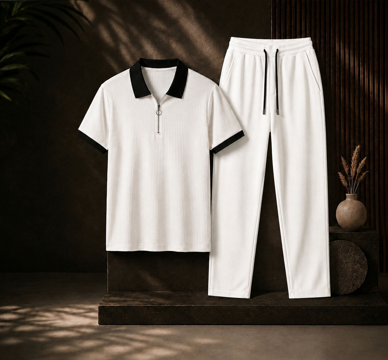 Man's Loose Fit Zipper Polo & Trouser Set - WHITE & WHITE