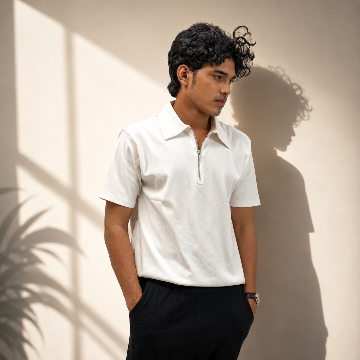 Zipper Polo  White T-Shirt & Black Pant COMBO SET