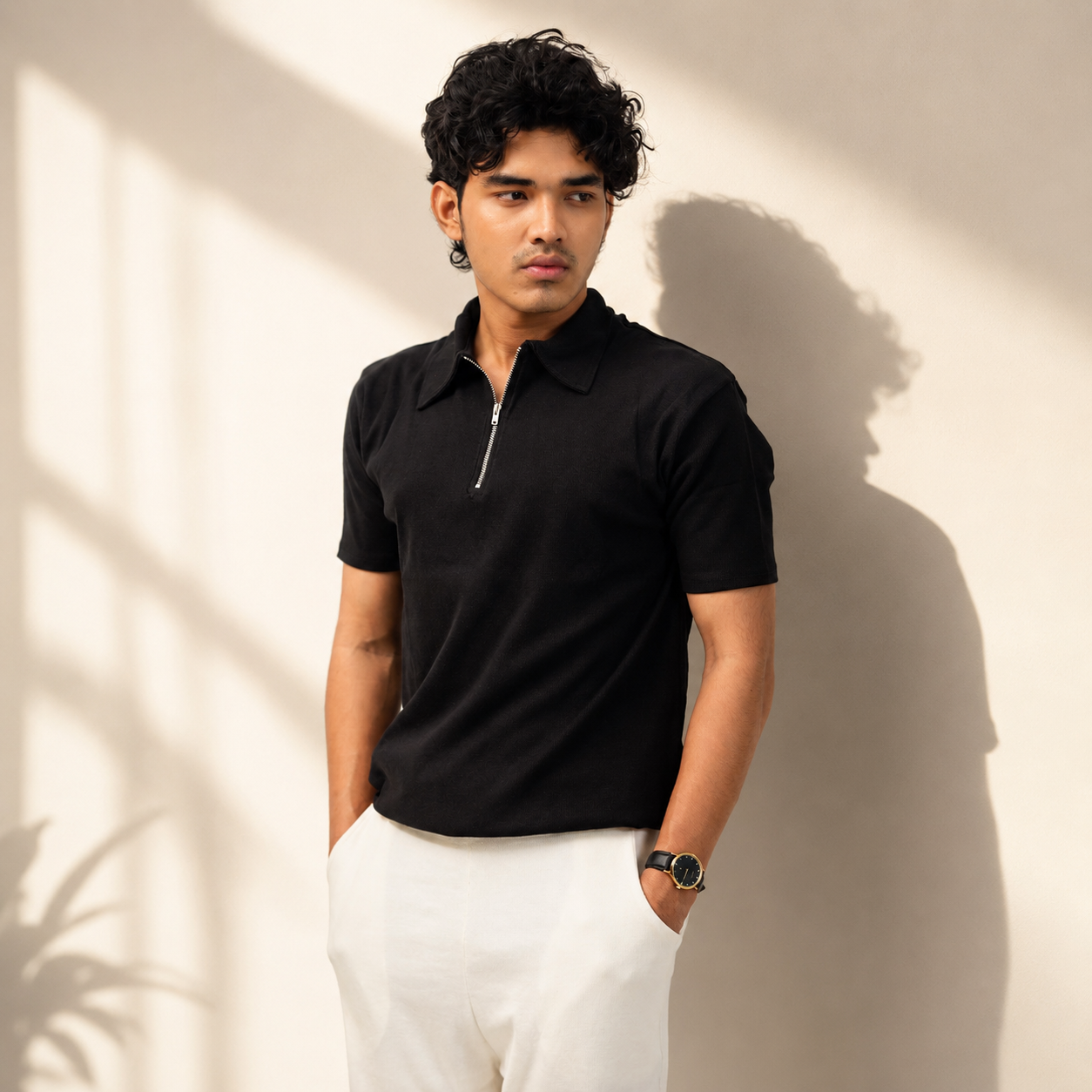 Zipper Polo Black T-Shirt & White Pant COMBO SET