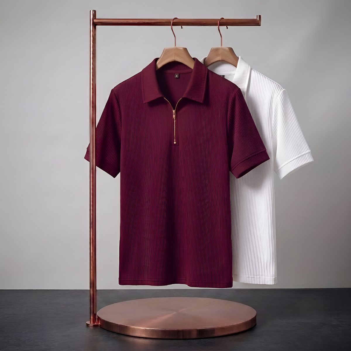 Men's Premium Quarter-Zip Ribbed Polo Combo - Maroon Red & White T-Shirts (Pack of 2)