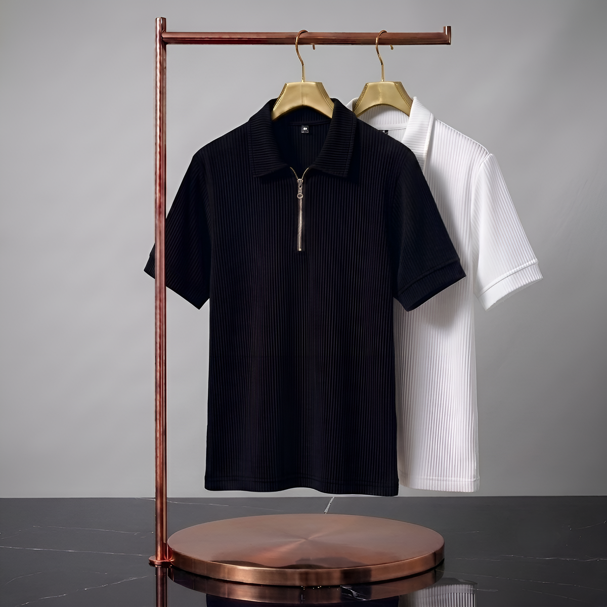 Men's Premium Quarter-Zip Ribbed Polo Combo - Black & White T-Shirts (Pack of 2)